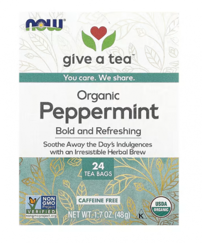 Chá Orgânico de Hortelã-Pimenta, Sem Cafeína, 24 Saquinhos, 48g, Now