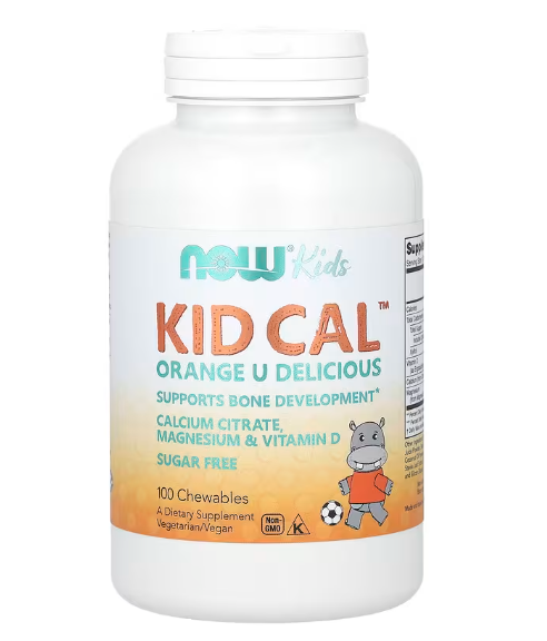 Kid Cal Com Cálcio, magnésio e vitamina D, 100 Comprimidos Mastigáveis Sabor Laranja, Now