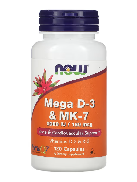 Mega D3 5.000 UI e MK-7 180 mcg, 120 Cápsulas, Now