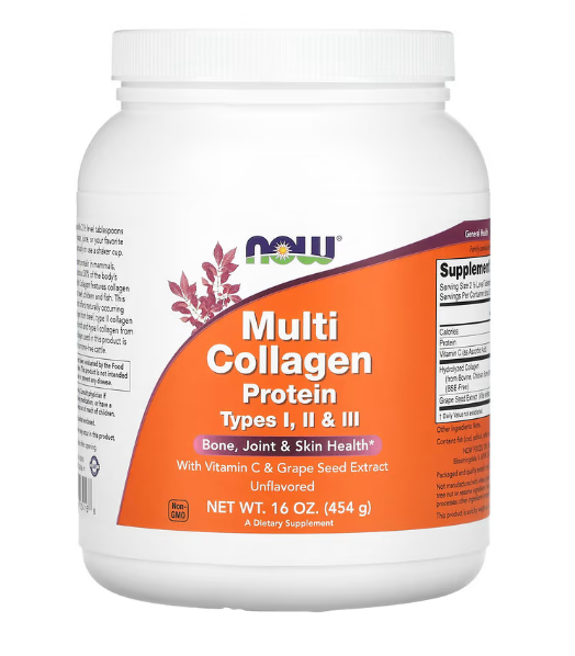 Proteína Multicolágeno, Tipo I, II e III, Sem sabor, 454g, Now