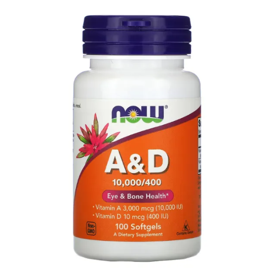 Vitamina A & D, 10.000 / 400 UI, 100 Cápsulas, Now