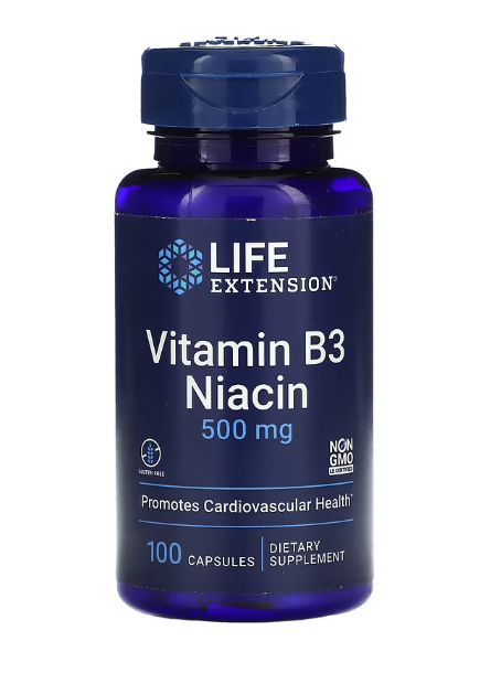 Vitamina B3 Niacina, 500mg, 100 Cápsulas, Life Extension