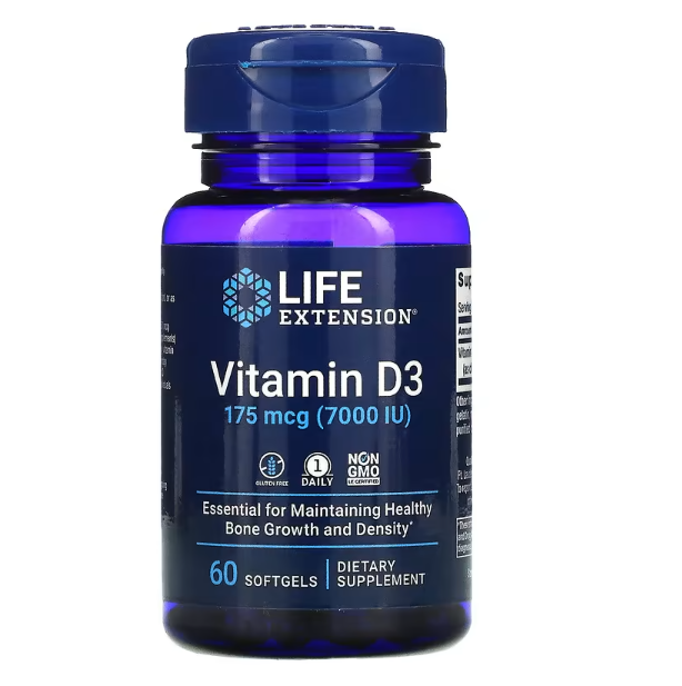 Vitamina D3, 175 mcg (7.000 UI), 60 Cápsulas, Life Extension