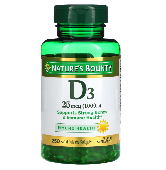 Vitamina D3, 25mcg 1000UI, 250 cápsula, Nature's Bounty