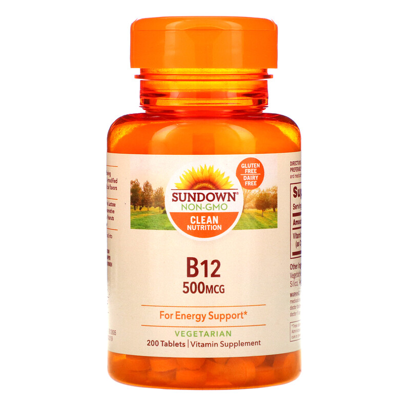 Vitamina B-12, 500 mcg, 200 comprimidos, Sundown